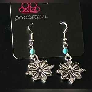 Paparazzi Silver Floral Earrings with Turquoise Accents